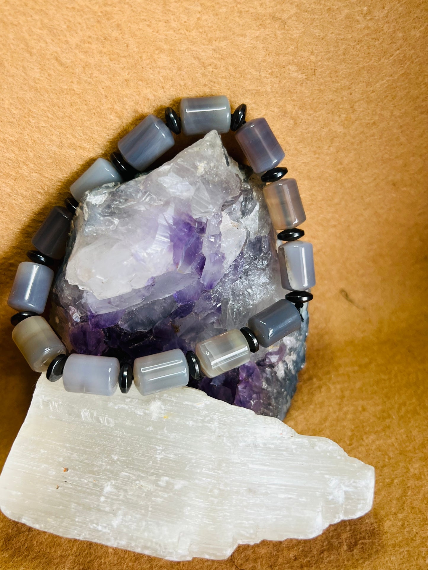 African Agate Barrel Crystal with Hematite Beaded Bracelet 