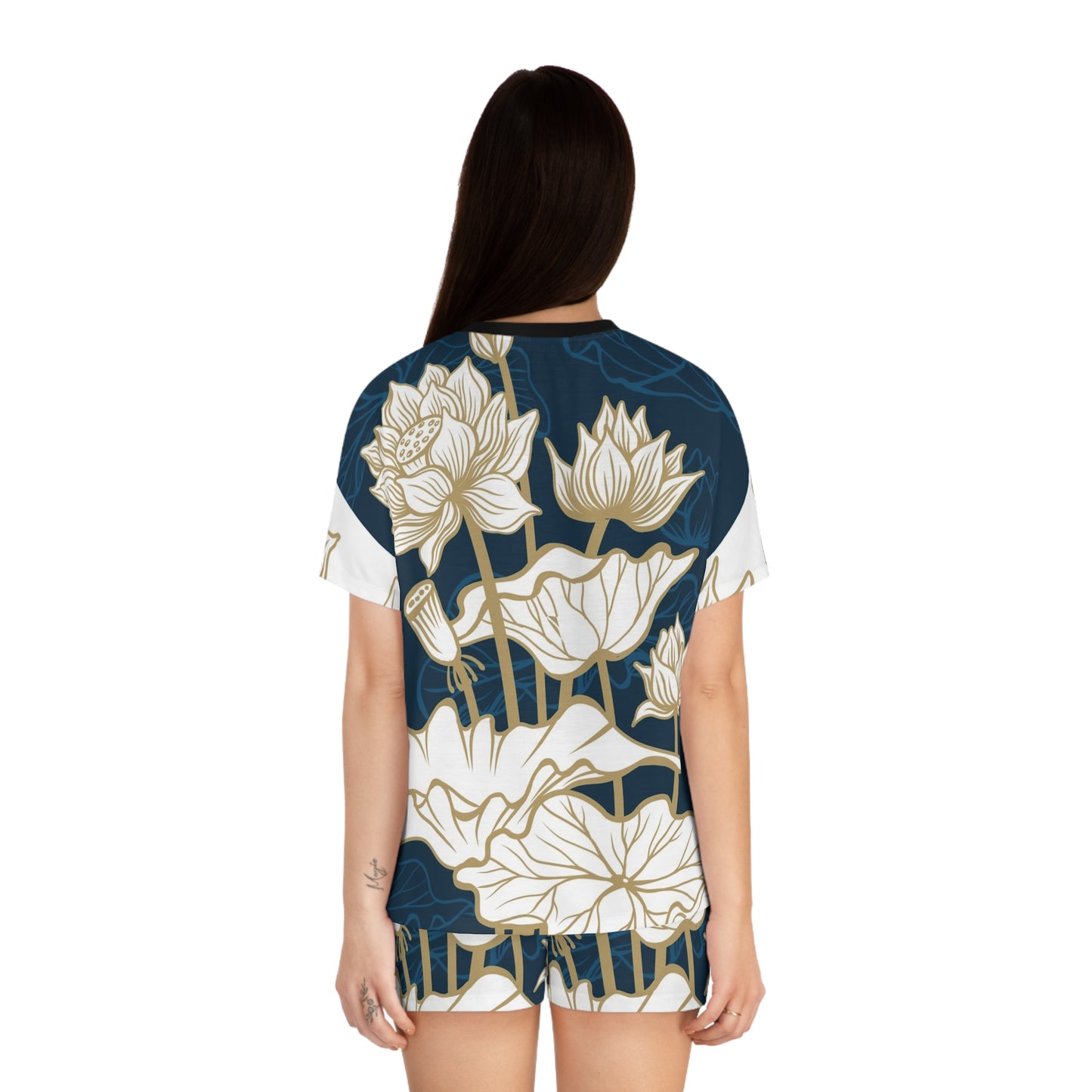 Lotus Floral Women's Pajama Set - Navy All-Over Print Short Sleepwear