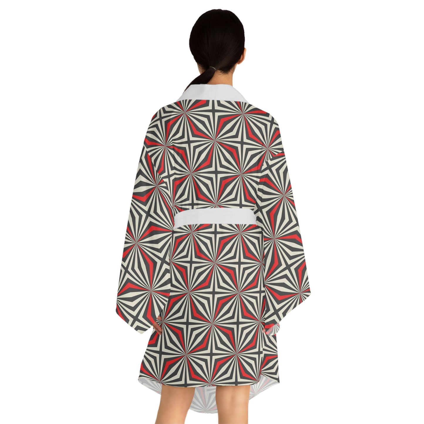 Long Sleeve Kimono Red Geometric Robe