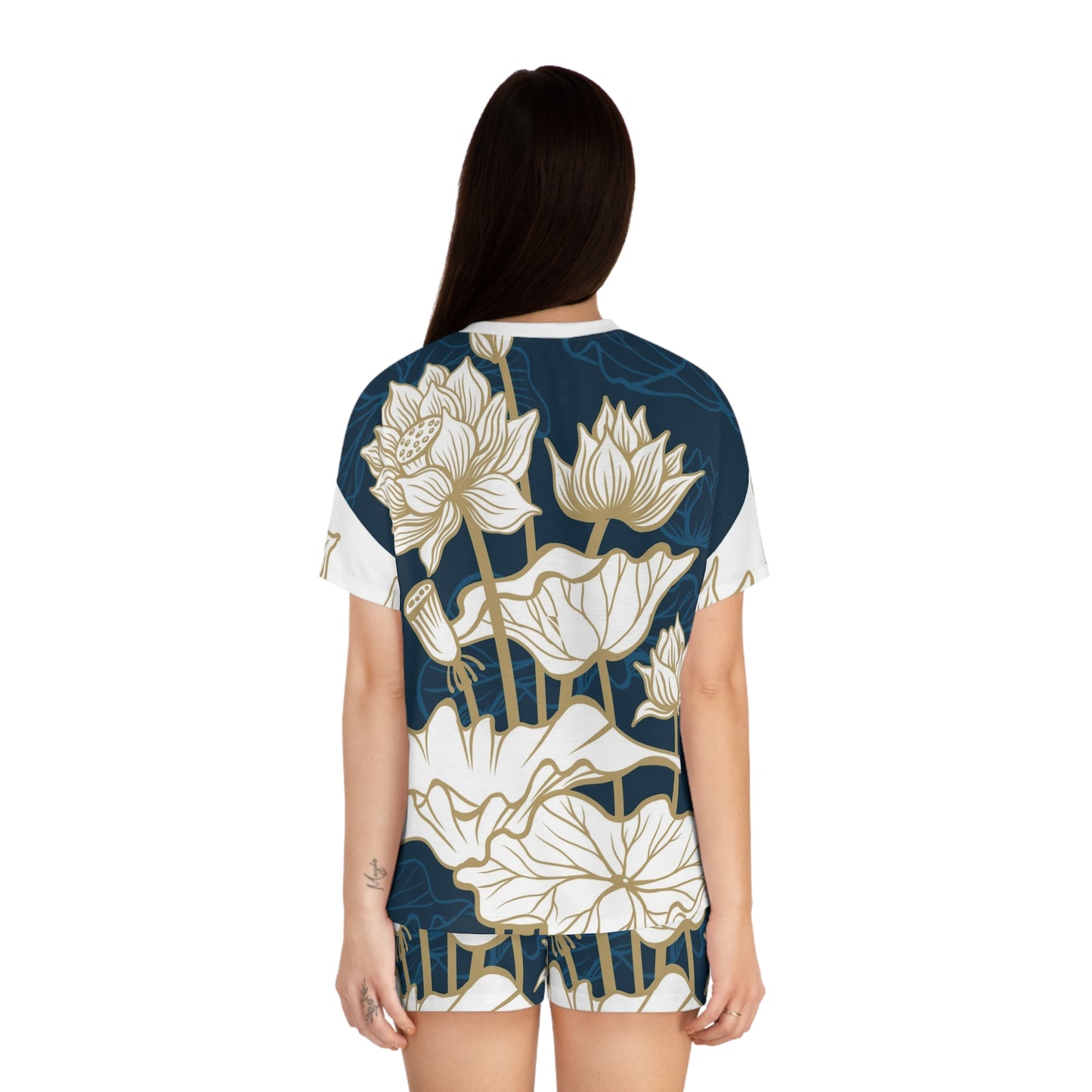 Lotus Floral Women's Pajama Set - Navy All-Over Print Short Sleepwear