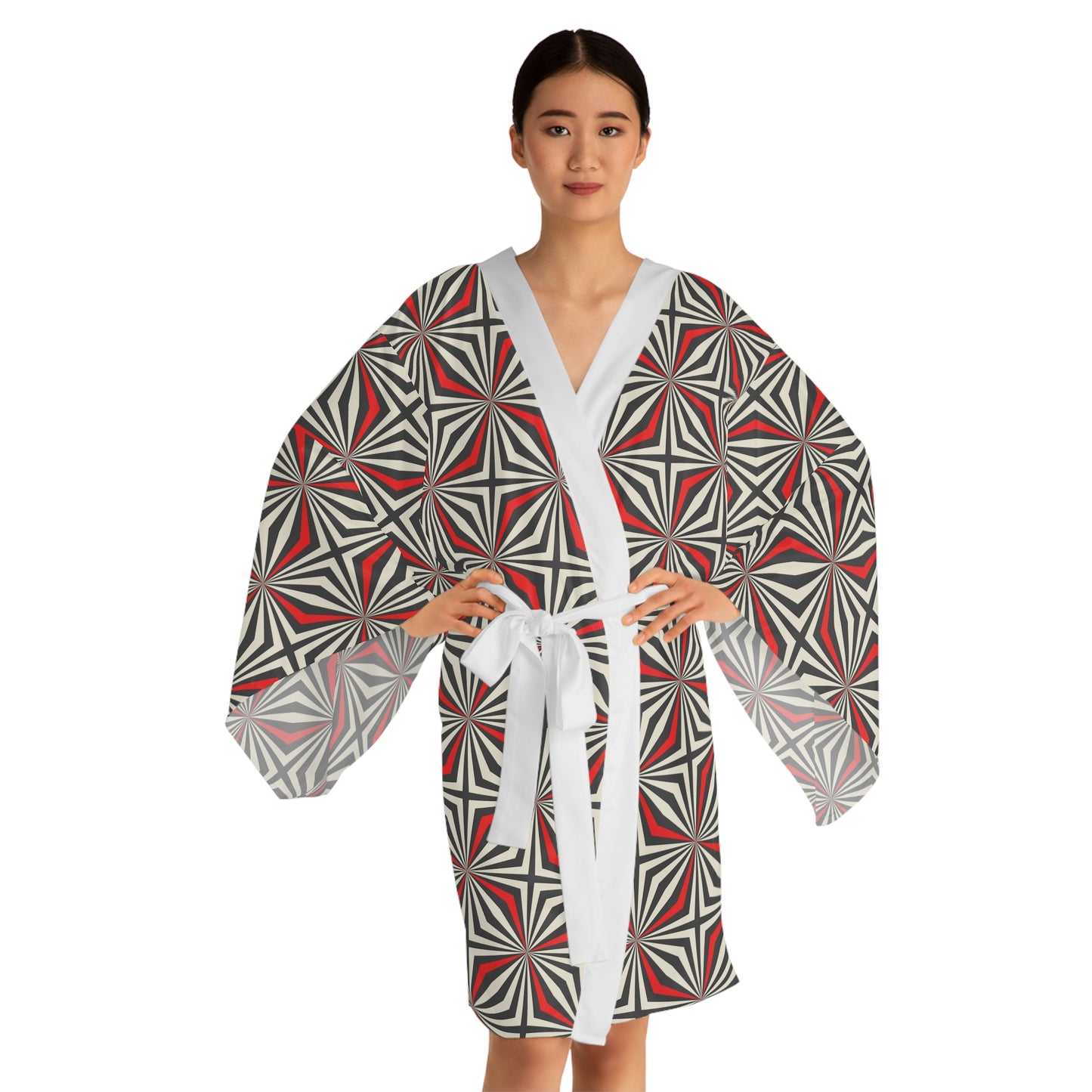 Long Sleeve Kimono Red Geometric Robe