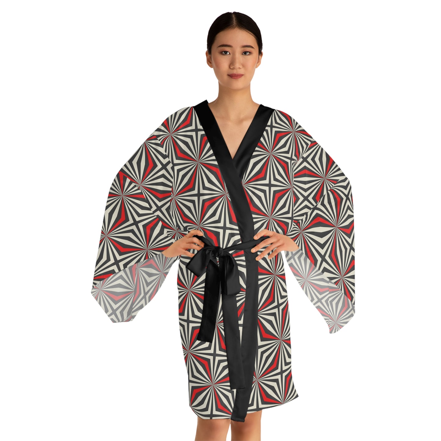 Long Sleeve Kimono Red Geometric Robe