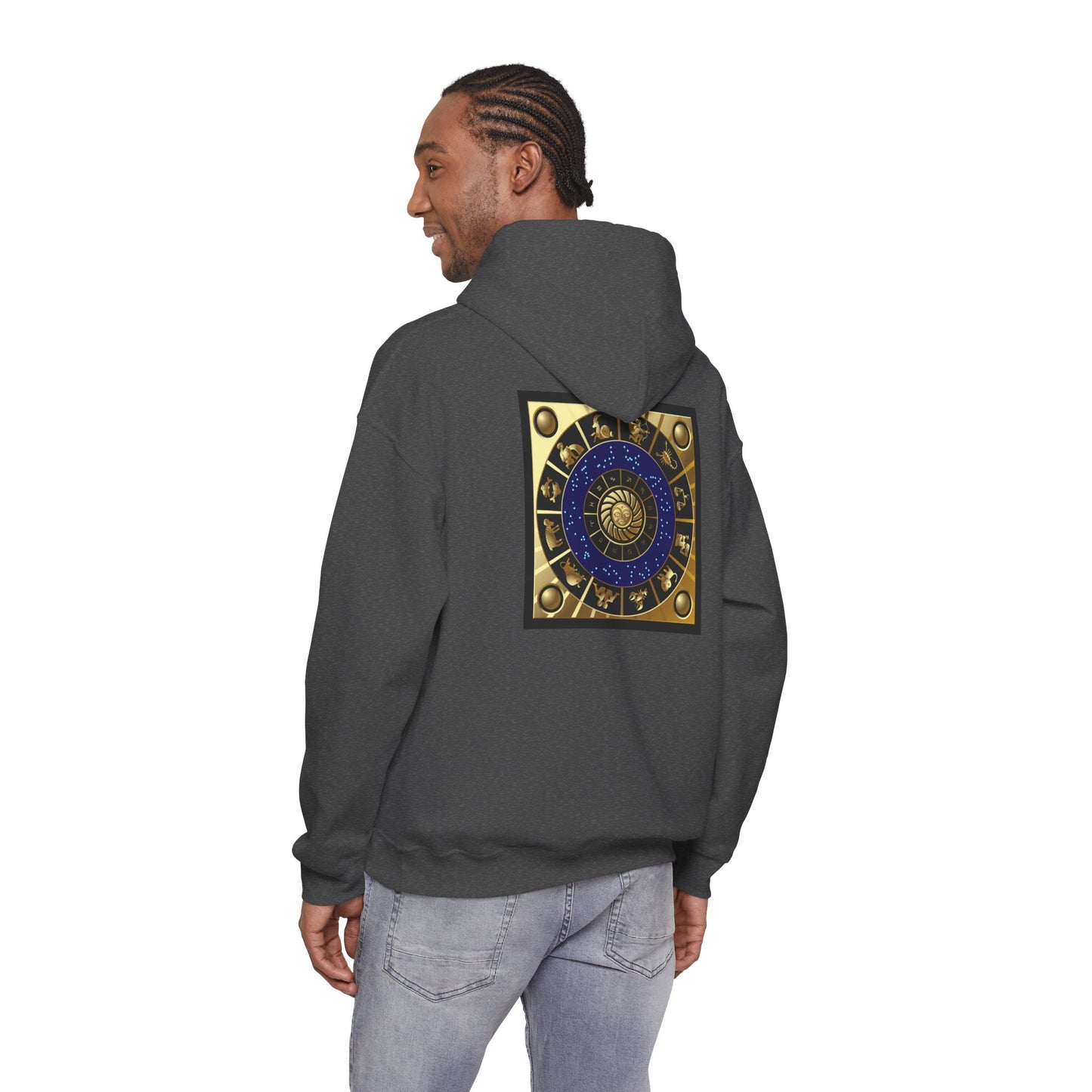 Gemini Zodiac Hoodie – Gold Gemini Text & Astrology Wheel Back Print