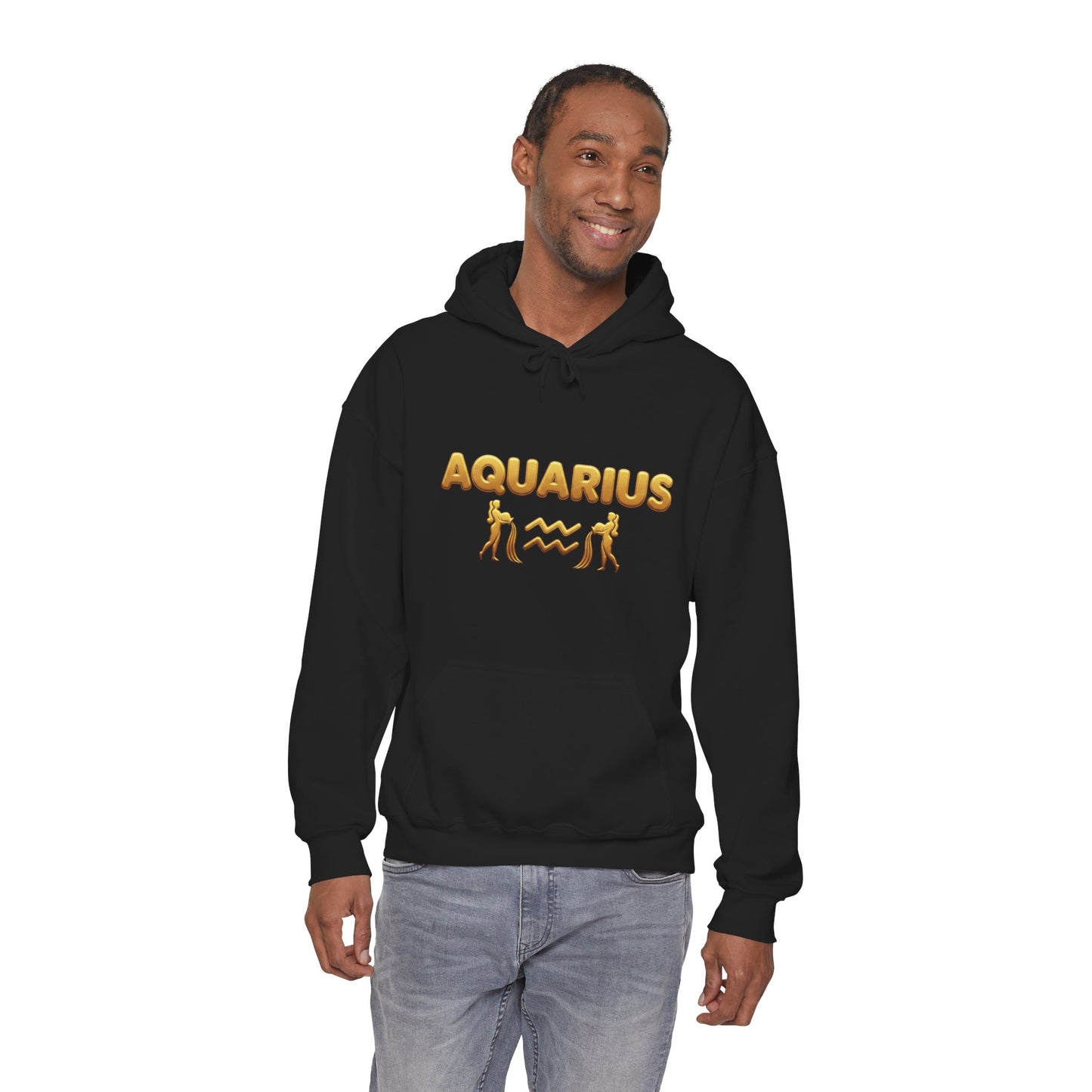 Aquarius Zodiac Hoodie — Gold Astrology Graphic Hooded Sweatshirt