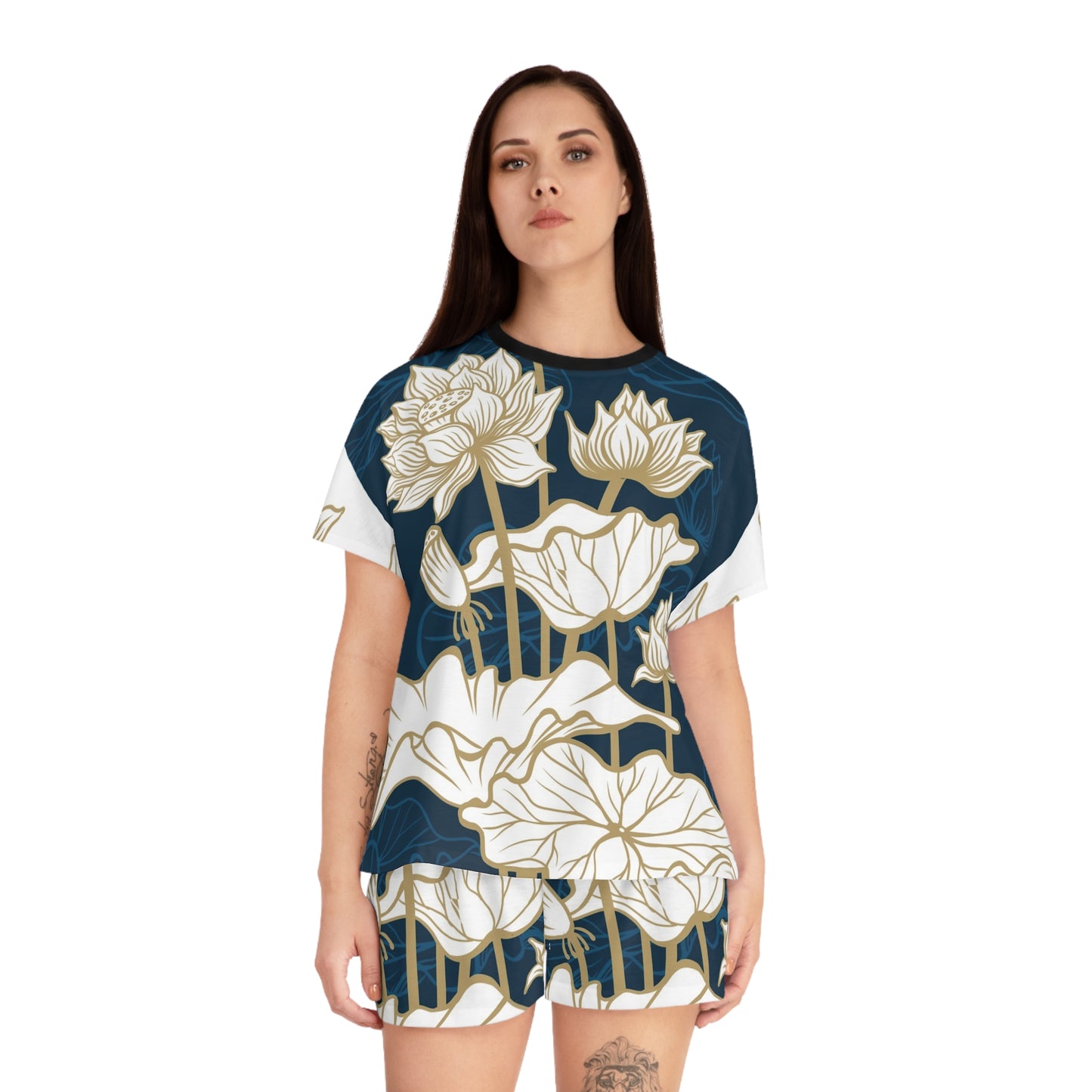 Lotus Floral Women's Pajama Set - Navy All-Over Print Short Sleepwear