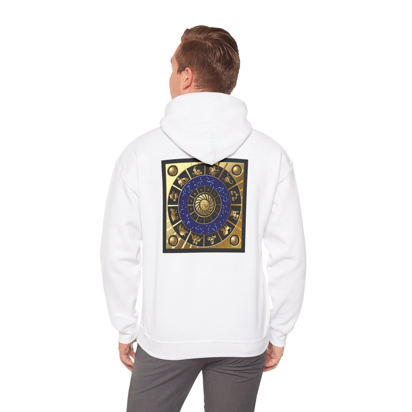 Gemini Zodiac Hoodie – Gold Gemini Text & Astrology Wheel Back Print
