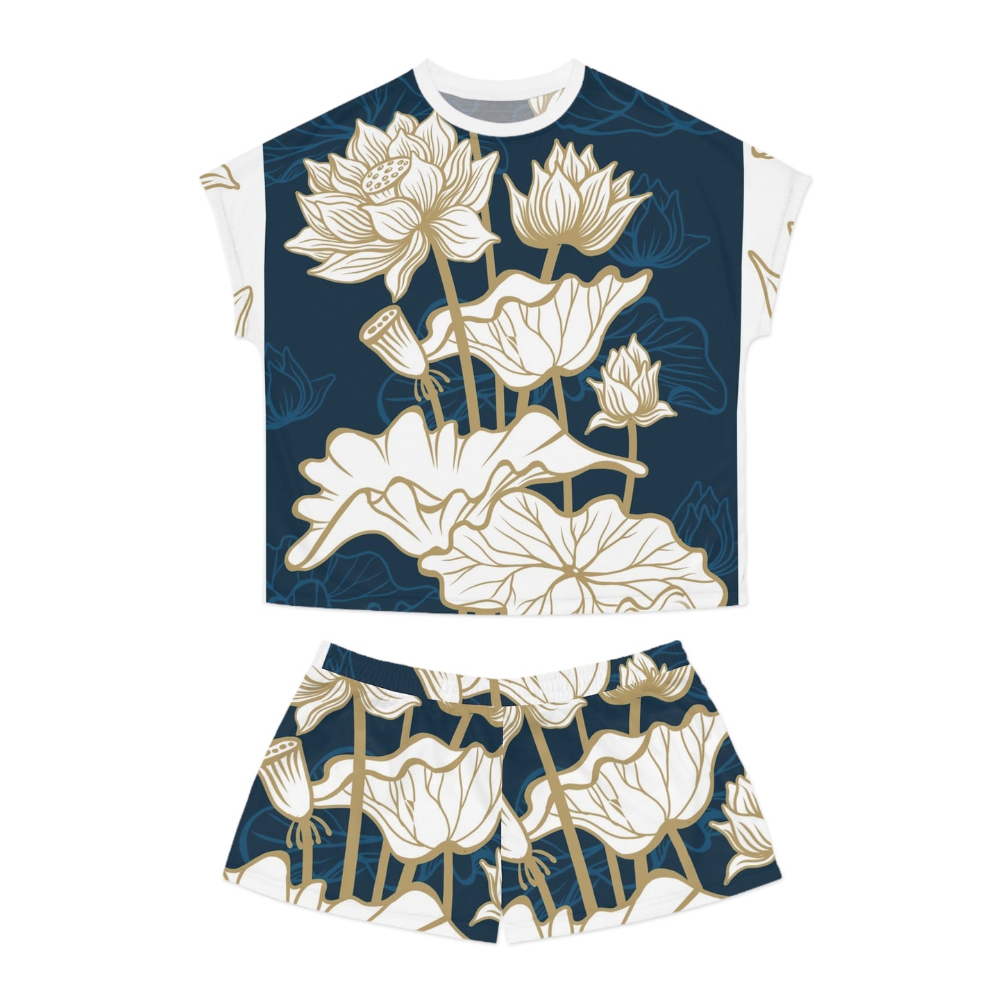 Lotus Floral Women's Pajama Set - Navy All-Over Print Short Sleepwear