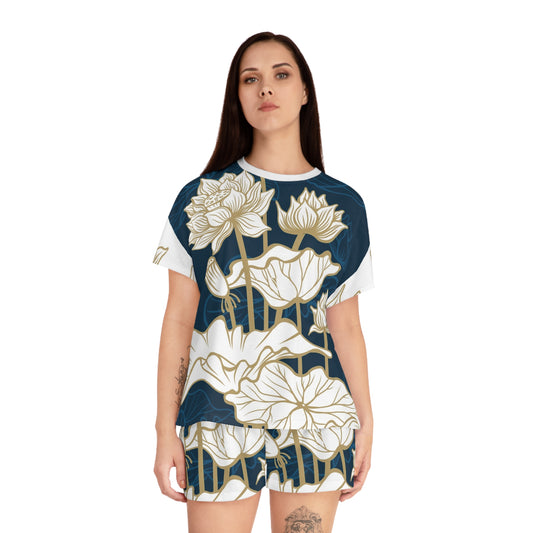 Lotus Floral Women's Pajama Set - Navy All-Over Print Short Sleepwear
