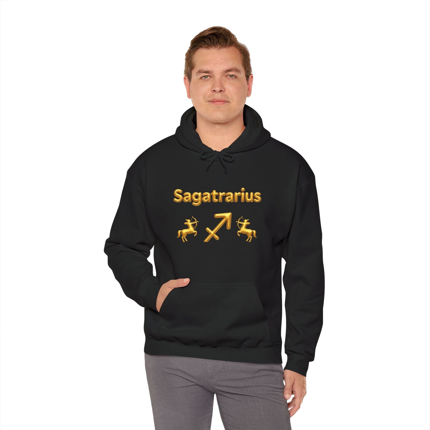 Sagittarius Zodiac Hoodie – Gold Archer Symbols & Astrological Wheel Back Print