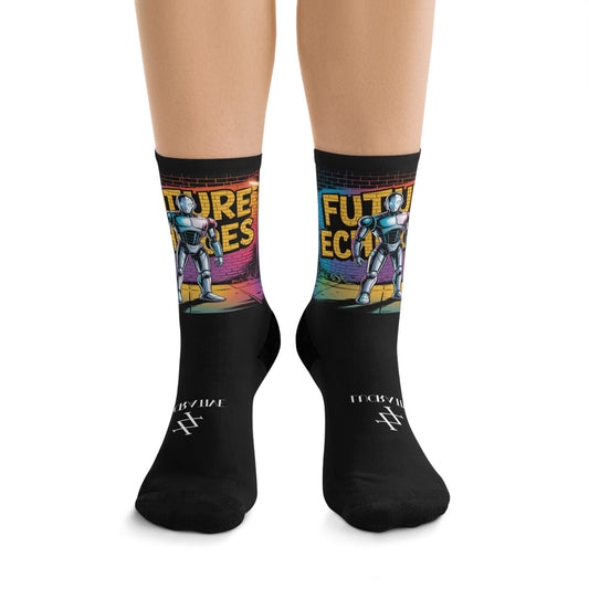 Futuristic Robot Graphic Socks — "Future Echoes" Recycled Poly Crew Socks