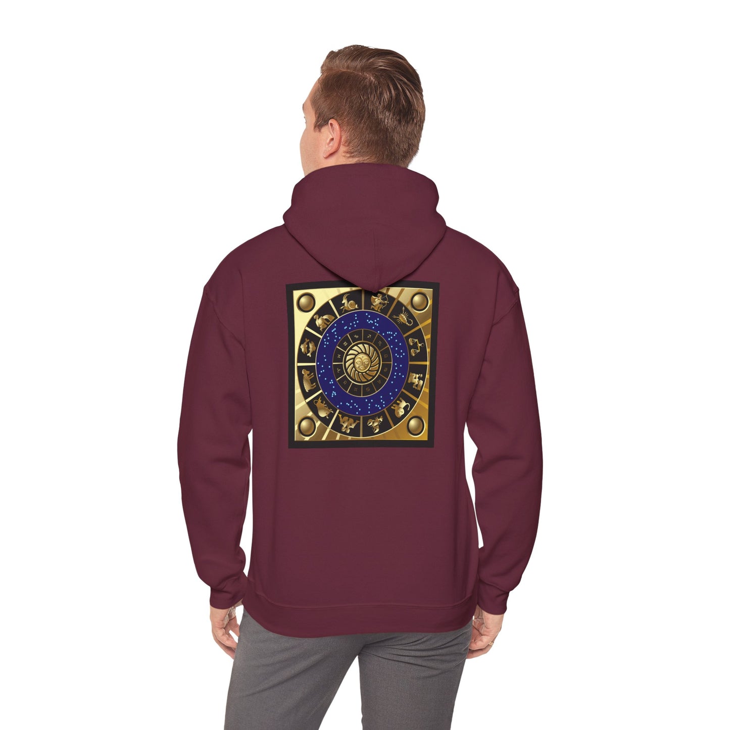 Virgo Zodiac Hoodie — Gold Virgo Sign & Astrological Wheel Pullover