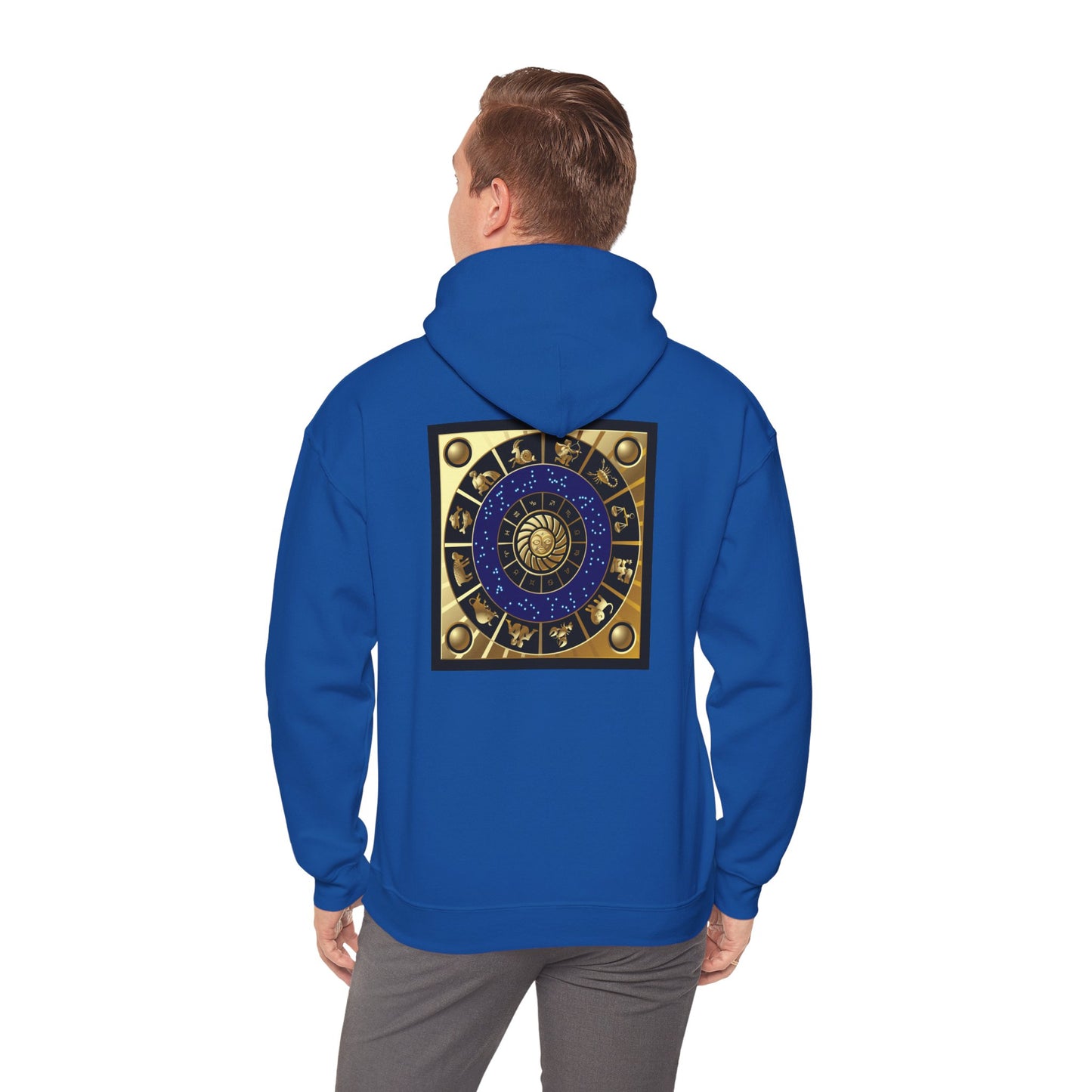 Gemini Zodiac Hoodie – Gold Gemini Text & Astrology Wheel Back Print