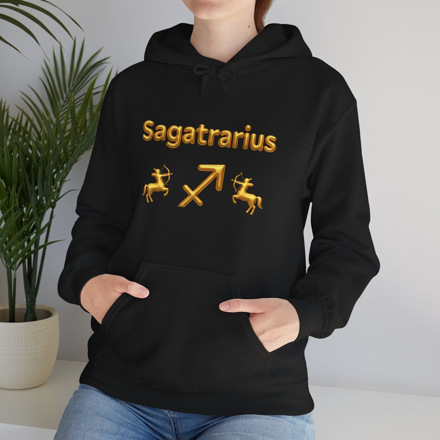 Sagittarius Zodiac Hoodie – Gold Archer Symbols & Astrological Wheel Back Print