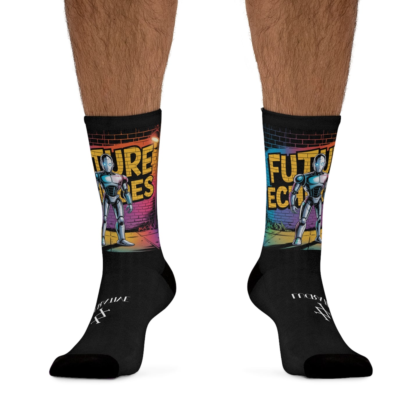 Futuristic Robot Graphic Socks — "Future Echoes" Recycled Poly Crew Socks