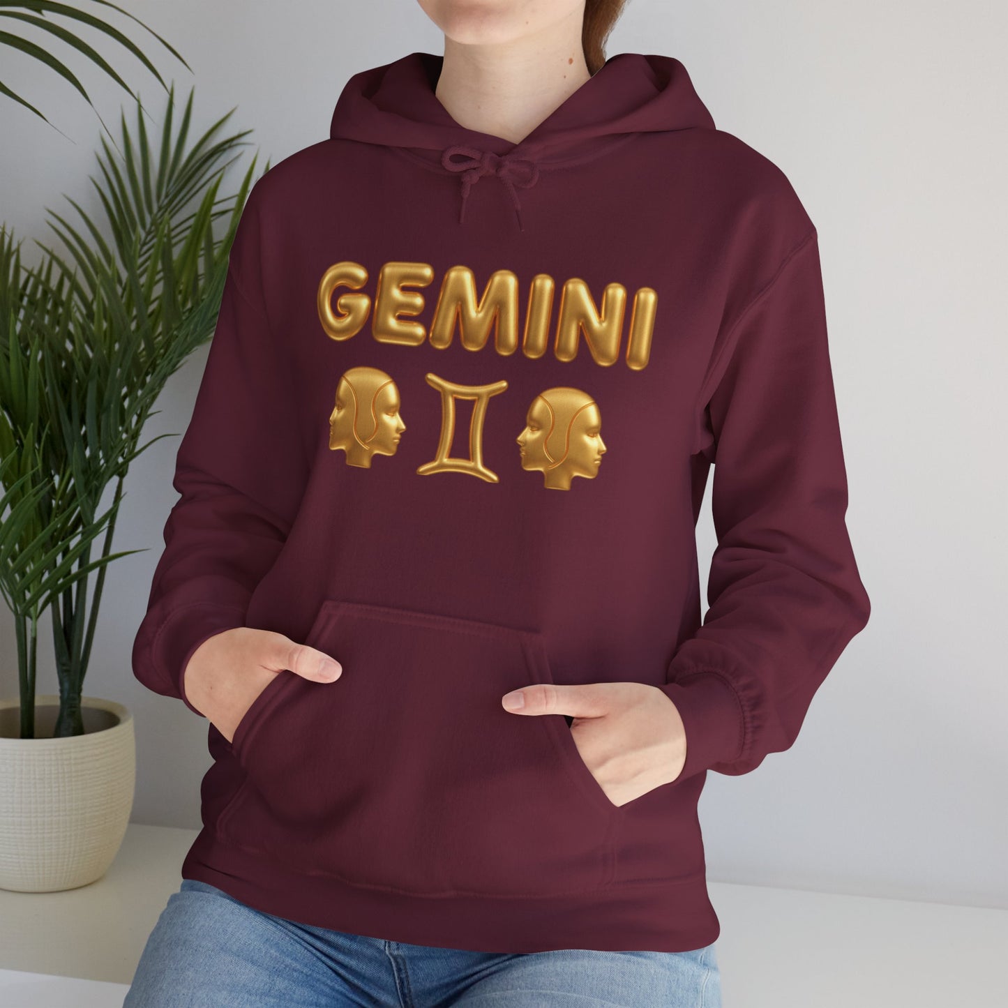 Gemini Zodiac Hoodie – Gold Gemini Text & Astrology Wheel Back Print