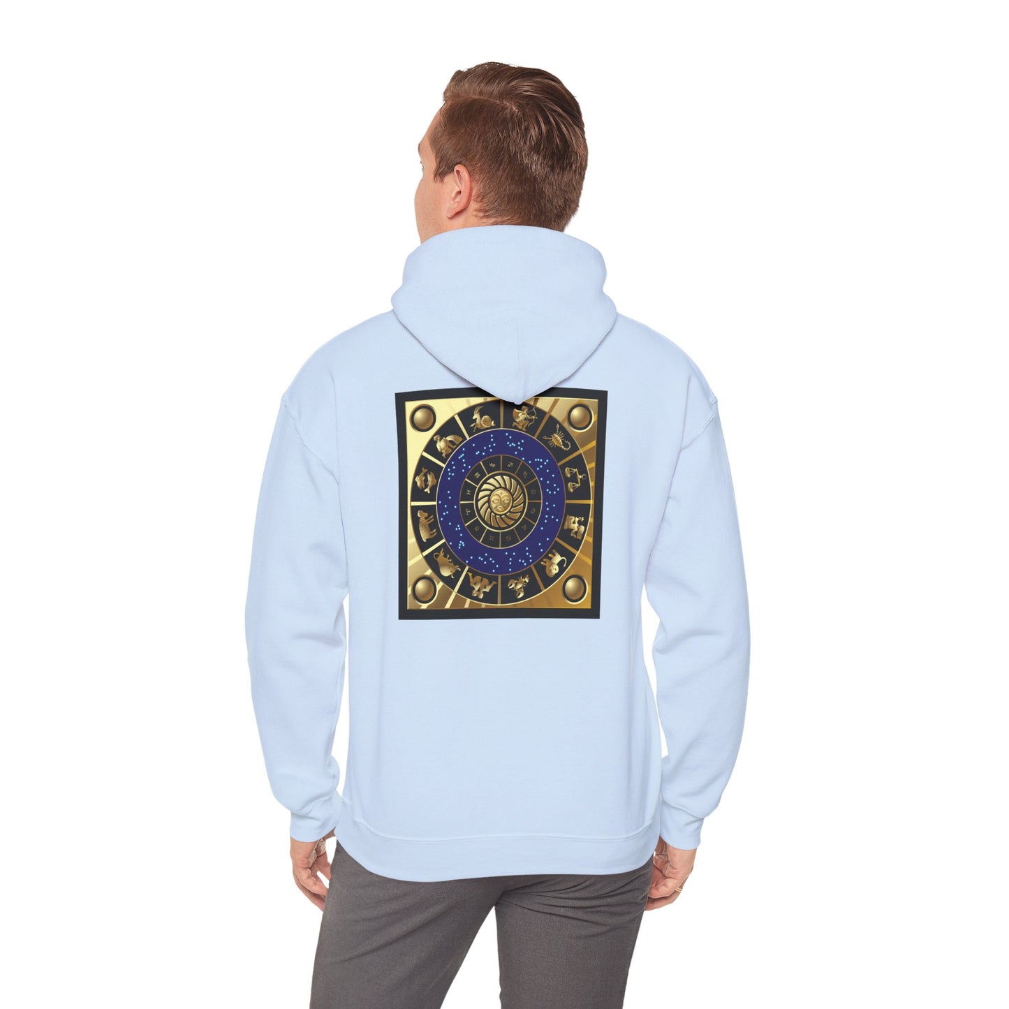 Gemini Zodiac Hoodie – Gold Gemini Text & Astrology Wheel Back Print