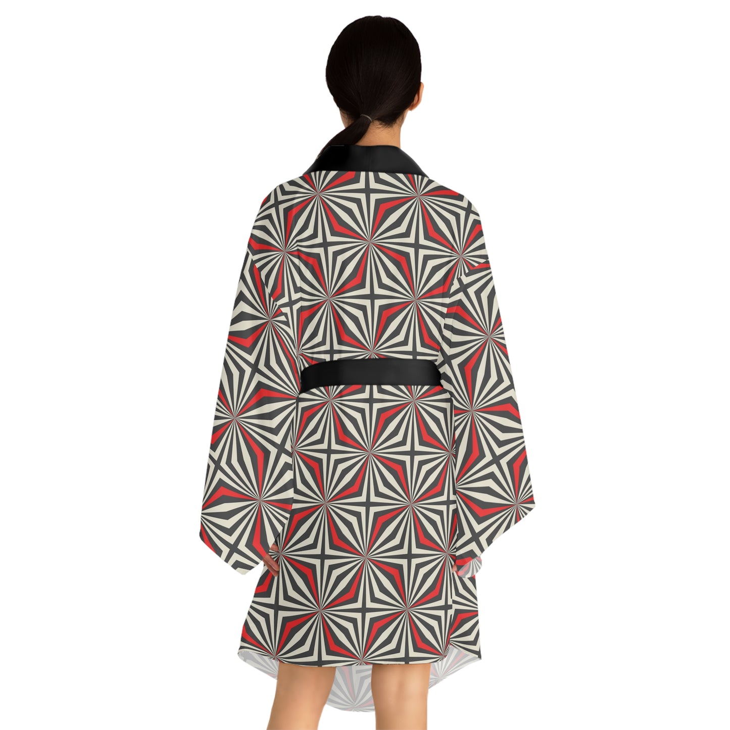 Long Sleeve Kimono Red Geometric Robe