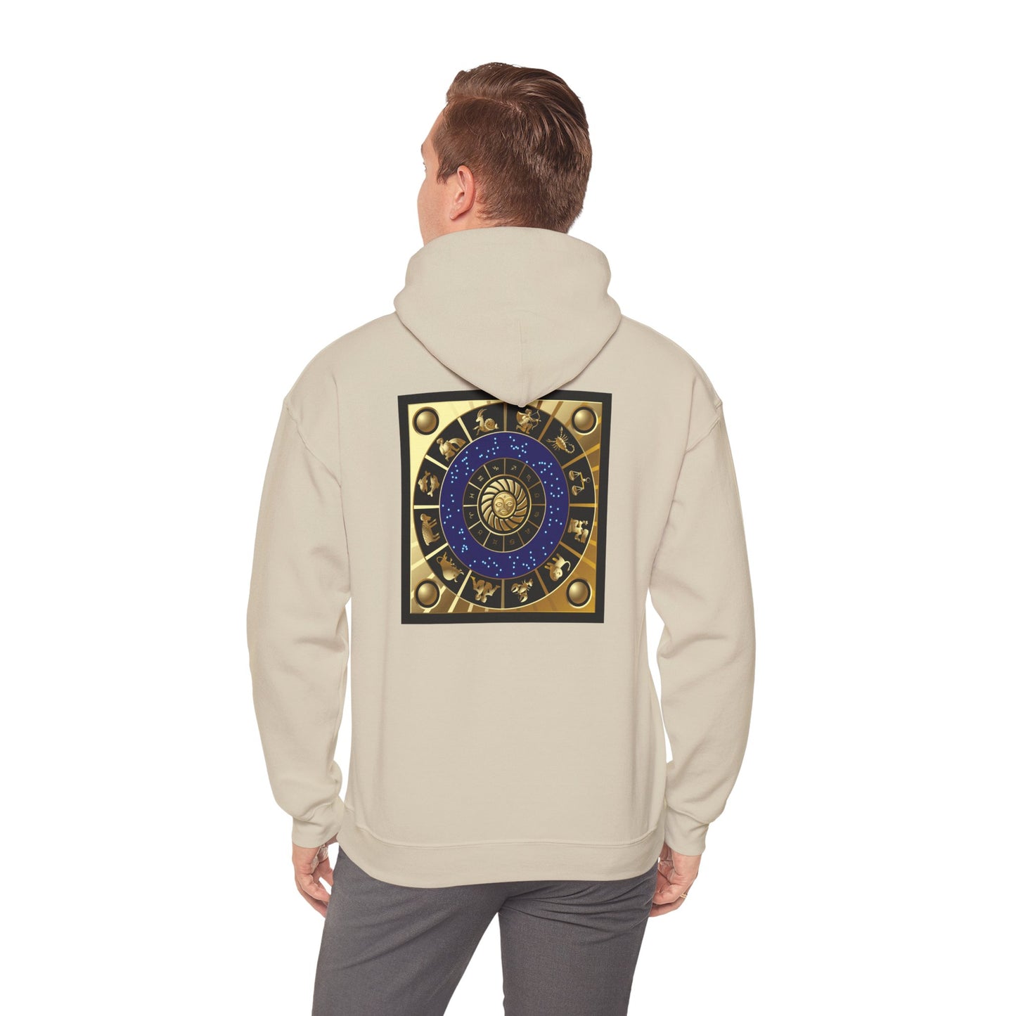 Gemini Zodiac Hoodie – Gold Gemini Text & Astrology Wheel Back Print