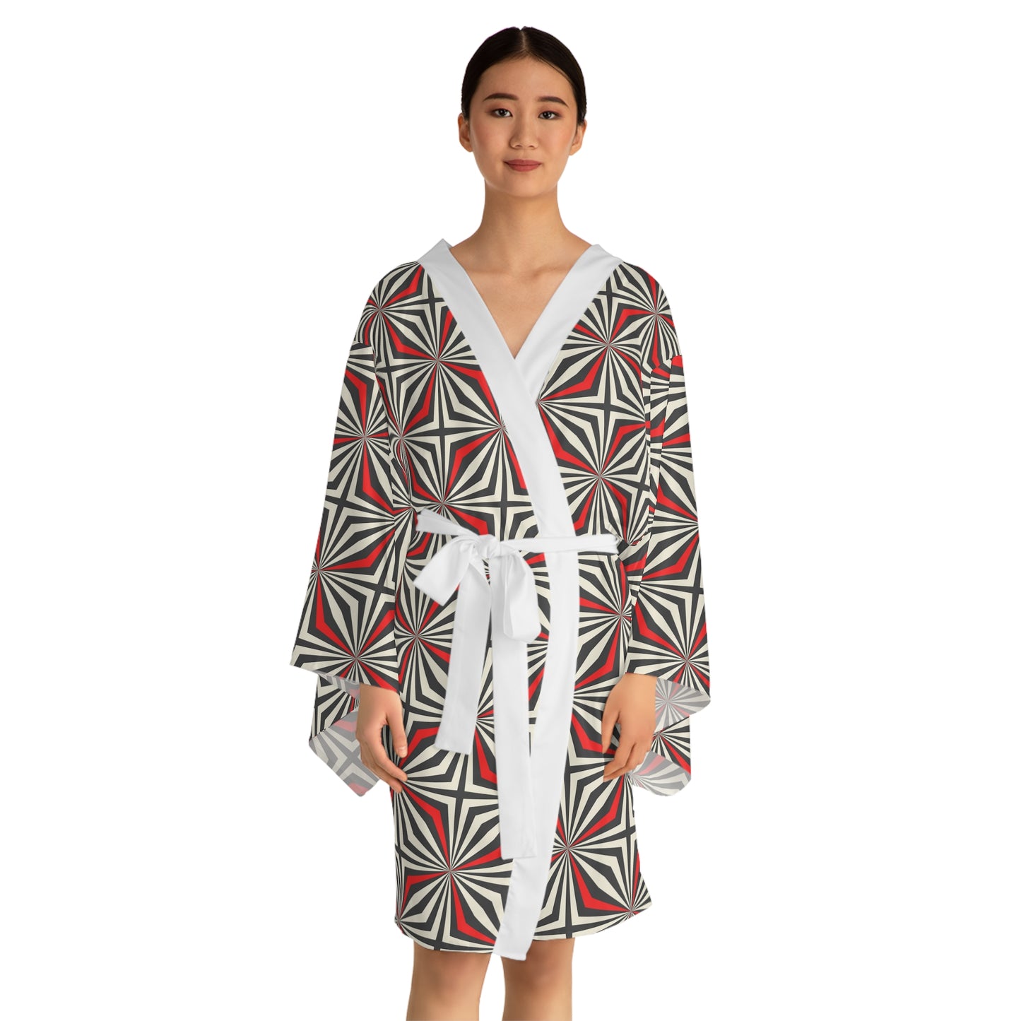 Long Sleeve Kimono Red Geometric Robe
