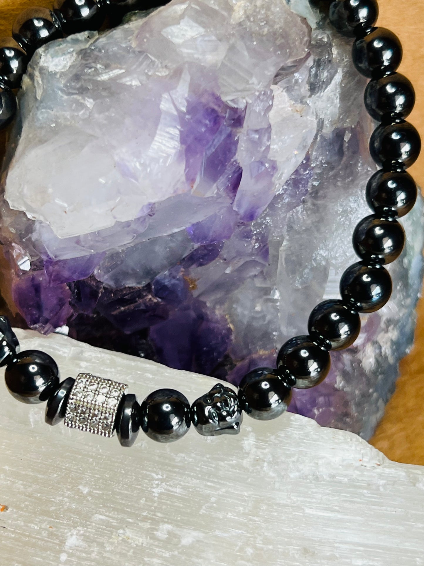 Round Hematite Braclet with Crystal Centerpiece
