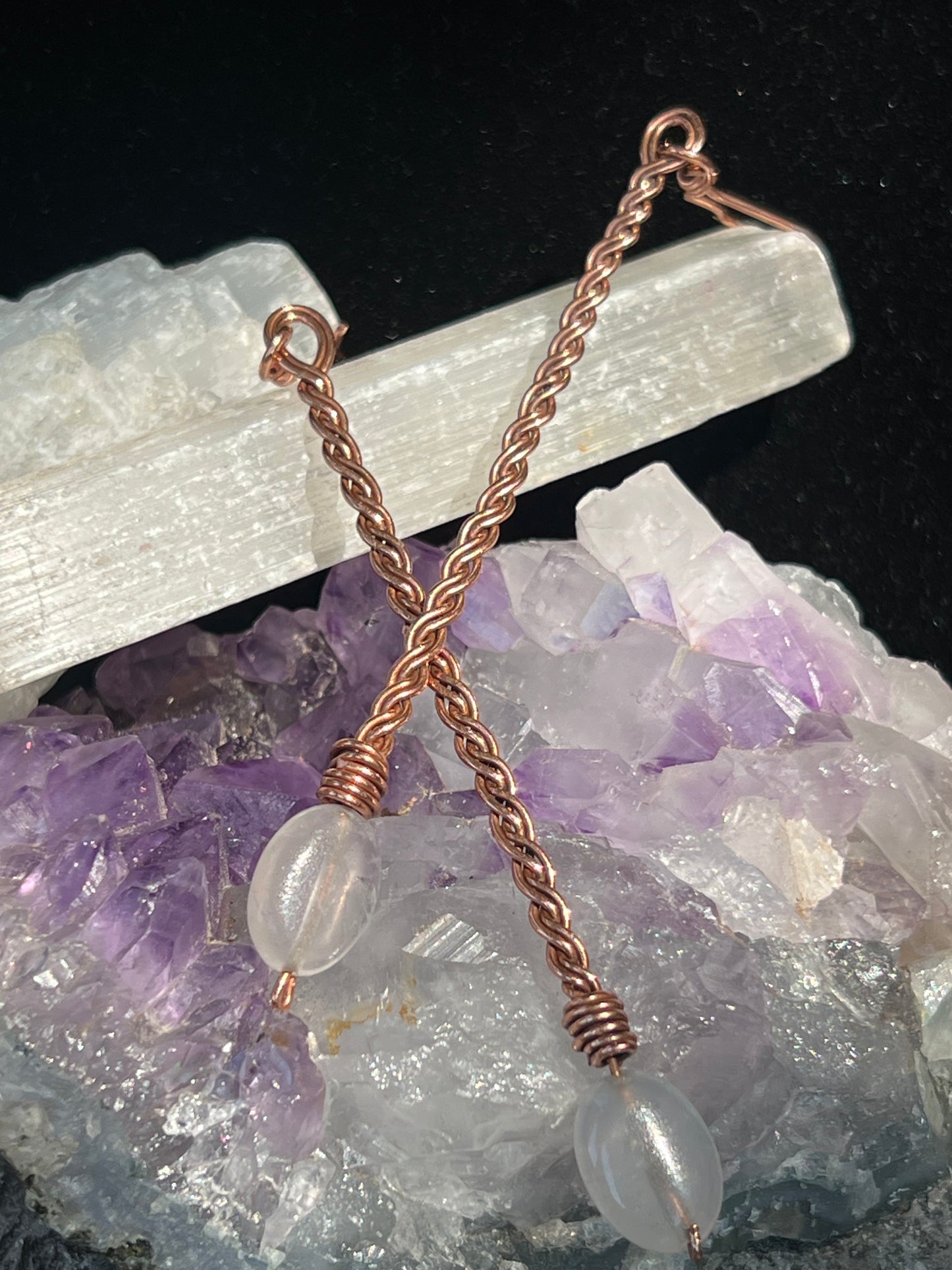 Twisted pure copper and rose quartz dangle bar earrings