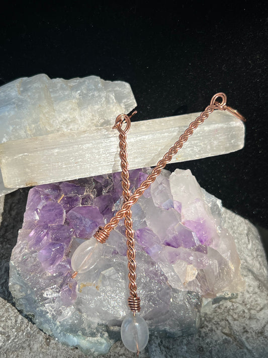 Twisted pure copper and rose quartz dangle bar earrings