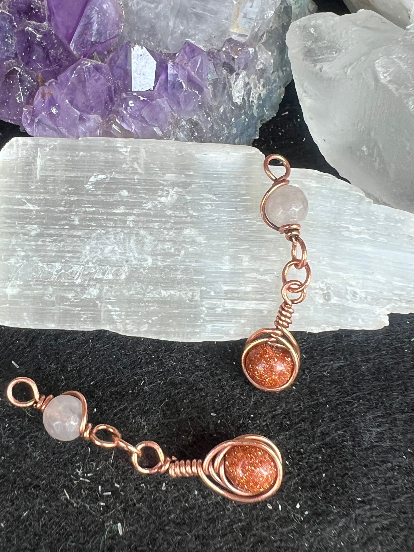 Golden moonstone and rose, quartz earring, and pendant set